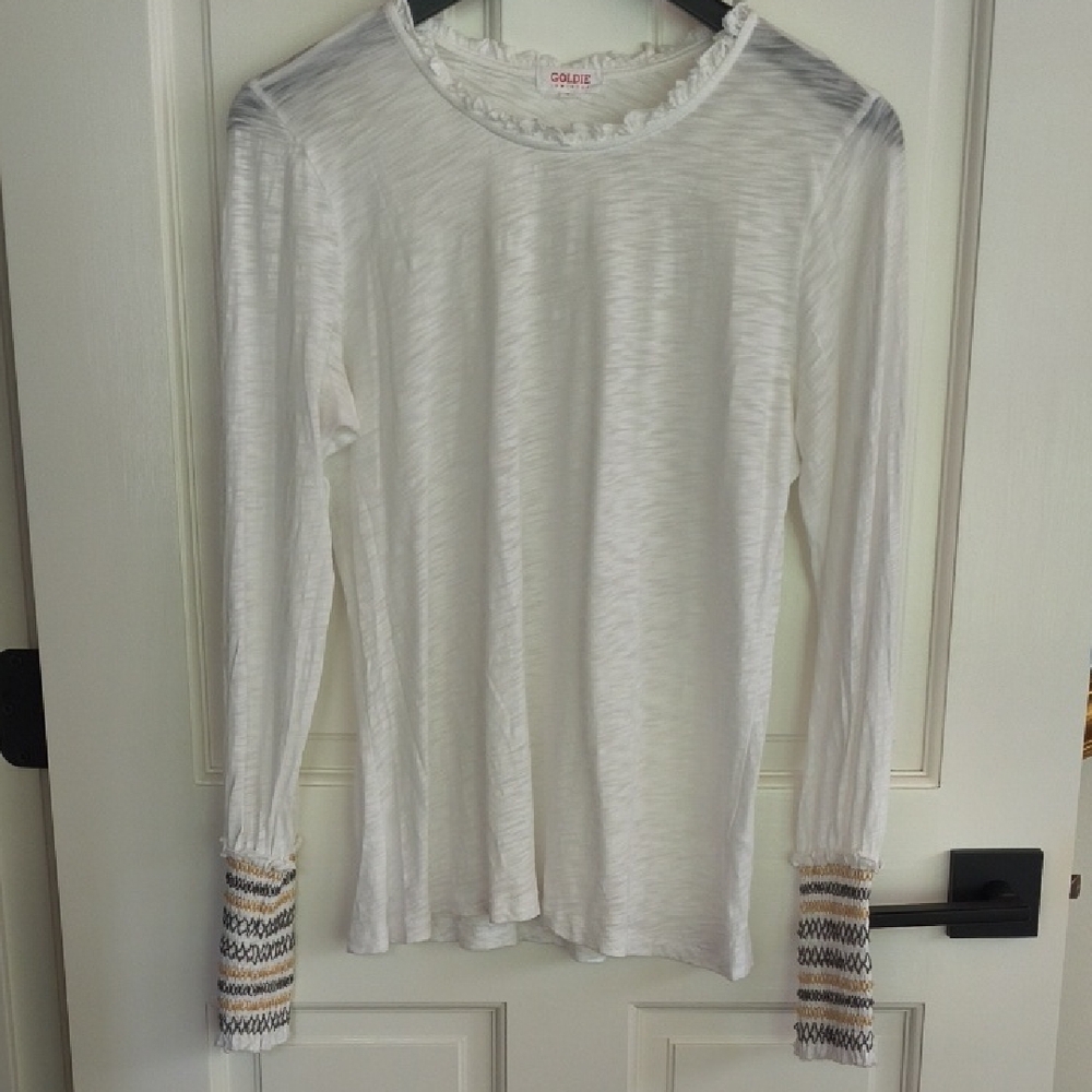 Goldie White Long Sleeve Tee with Ruffle Detail And Embroidered Cuffs, Size L